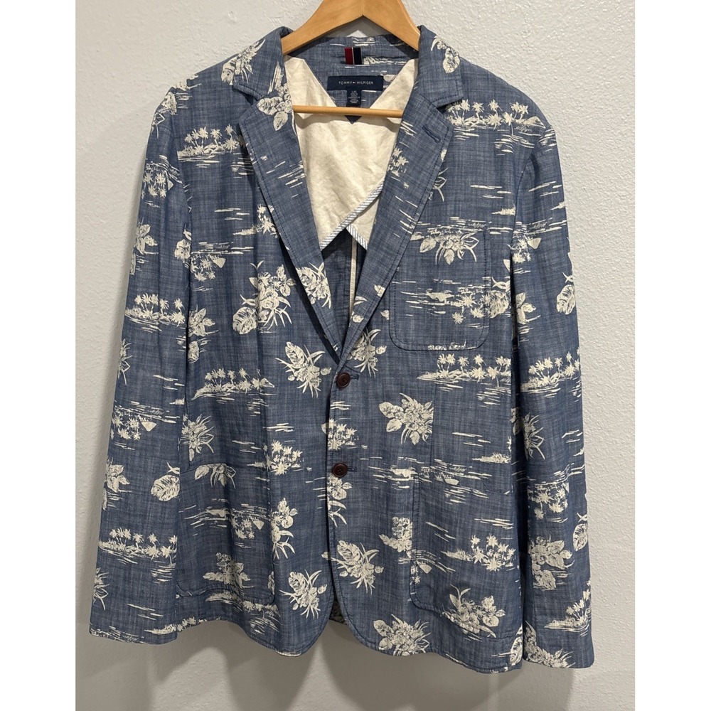 Tommy Hilfiger Mens Large Sport Coat Blazer Blue Hawaiian Floral Logo Preppy